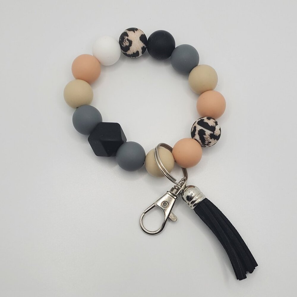 Handmade Silicone Bead Bracelet Keychain – Neutral, Black & Cow Print with Black